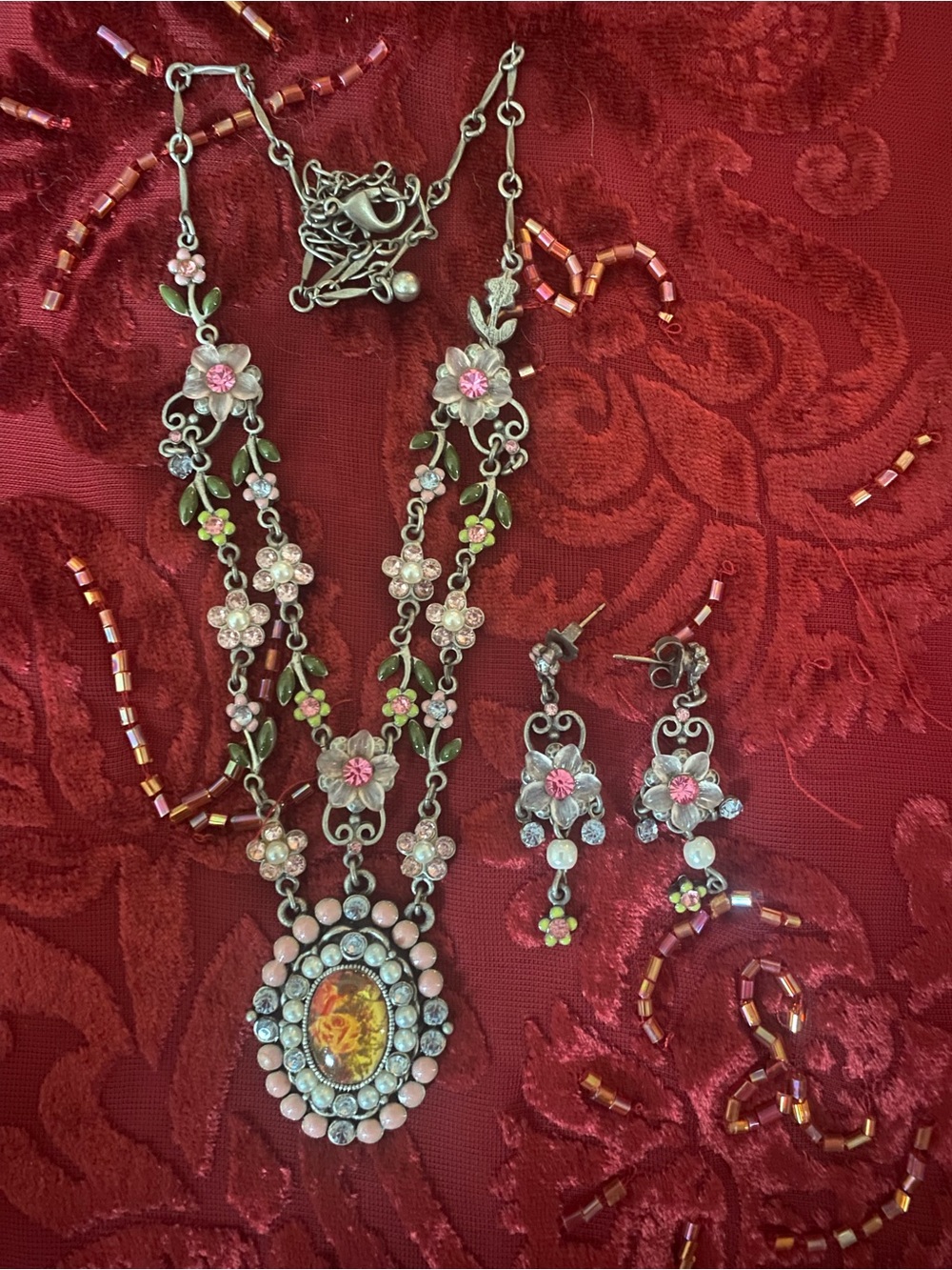 Avon Pink and Green Floral Pendant Necklace with Matching Earrings